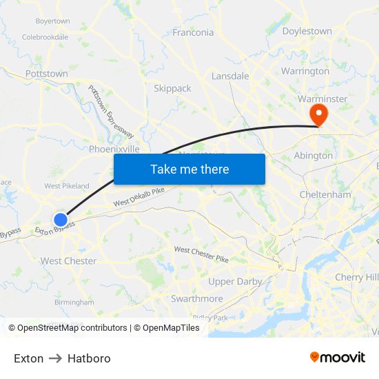 Exton to Hatboro map