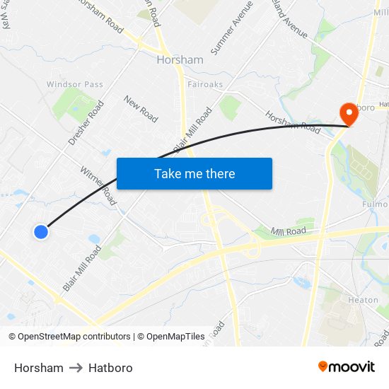 Horsham to Hatboro map