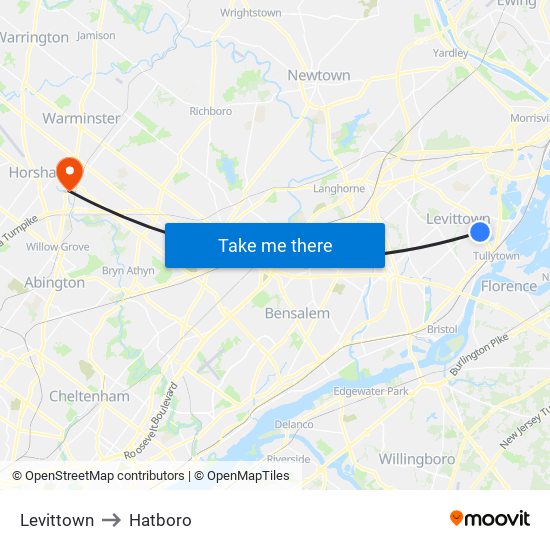 Levittown to Hatboro map