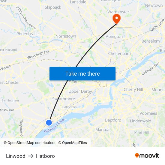 Linwood to Hatboro map