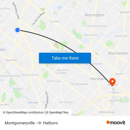 Montgomeryville to Hatboro map