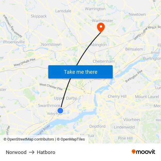 Norwood to Hatboro map