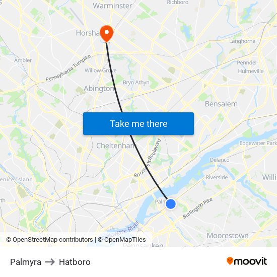 Palmyra to Hatboro map