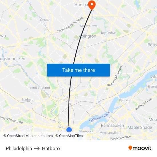 Philadelphia to Hatboro map