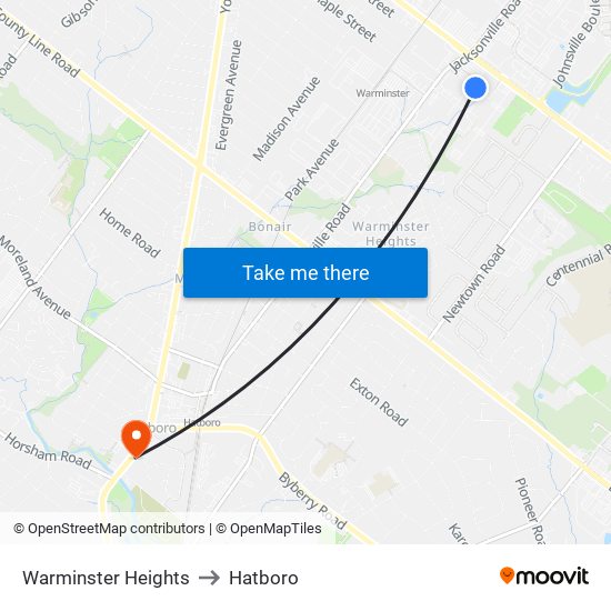 Warminster Heights to Hatboro map