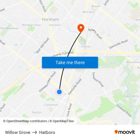 Willow Grove to Hatboro map