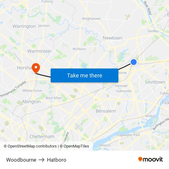 Woodbourne to Hatboro map
