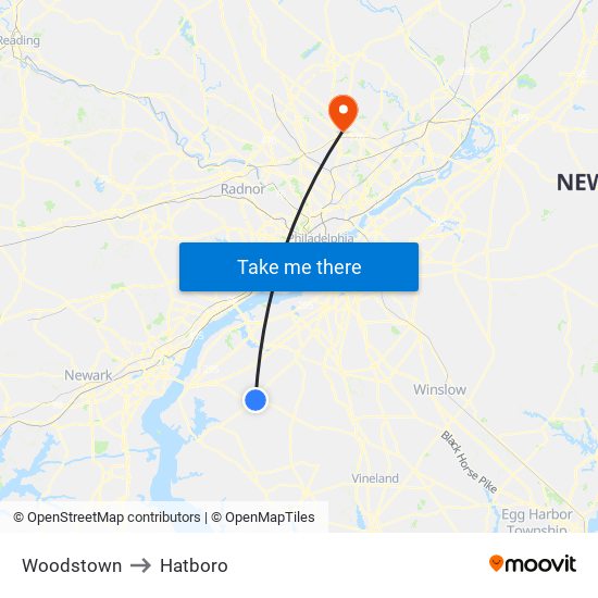 Woodstown to Hatboro map