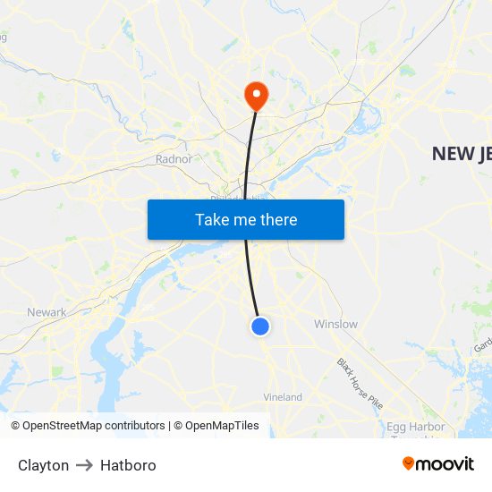 Clayton to Hatboro map
