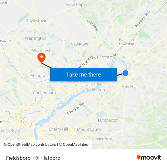Fieldsboro to Hatboro map