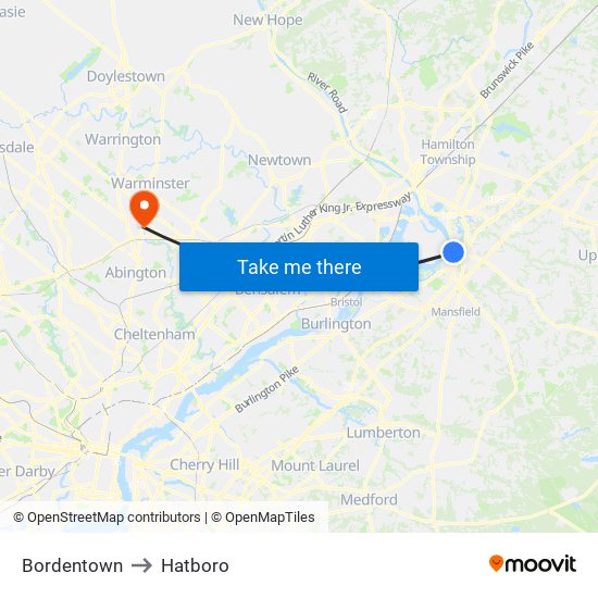 Bordentown to Hatboro map