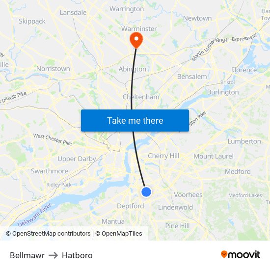 Bellmawr to Hatboro map