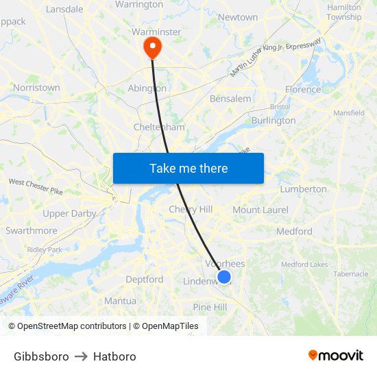 Gibbsboro to Hatboro map