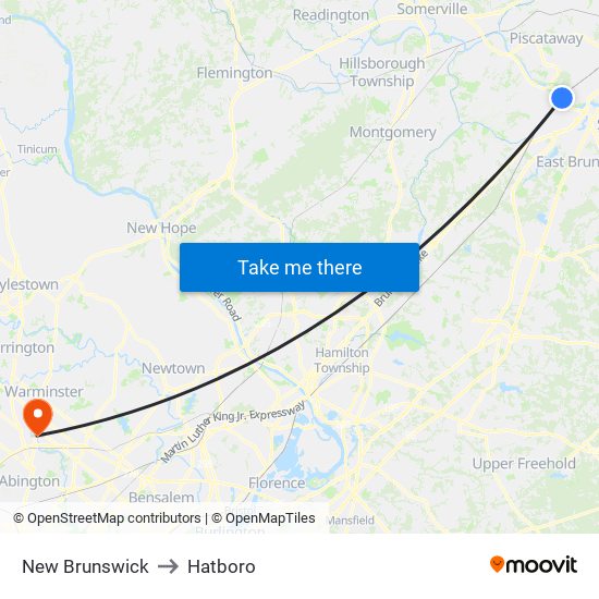 New Brunswick to Hatboro map