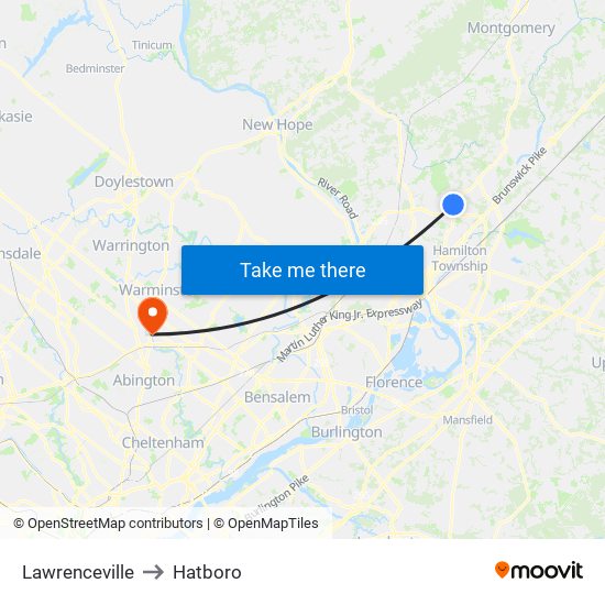 Lawrenceville to Hatboro map