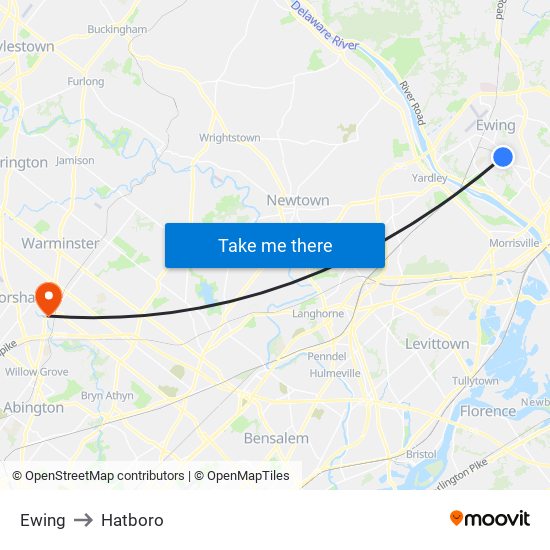 Ewing to Hatboro map