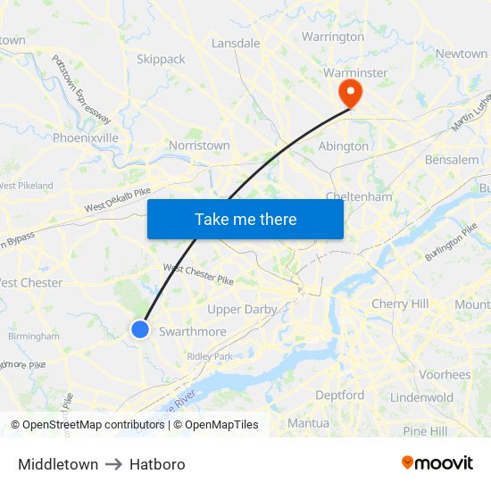 Middletown to Hatboro map