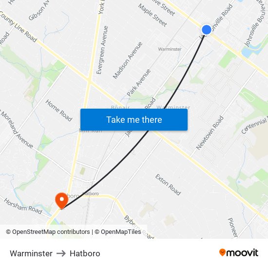 Warminster to Hatboro map