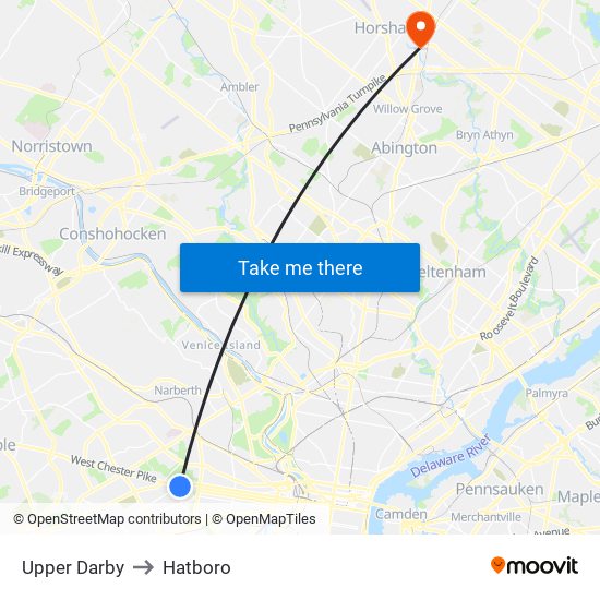 Upper Darby to Hatboro map