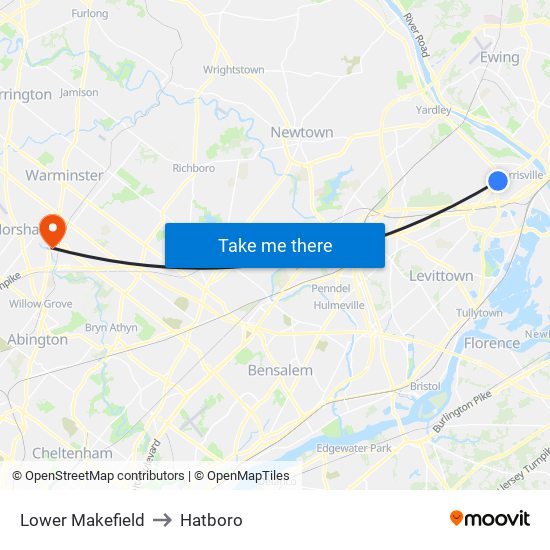 Lower Makefield to Hatboro map