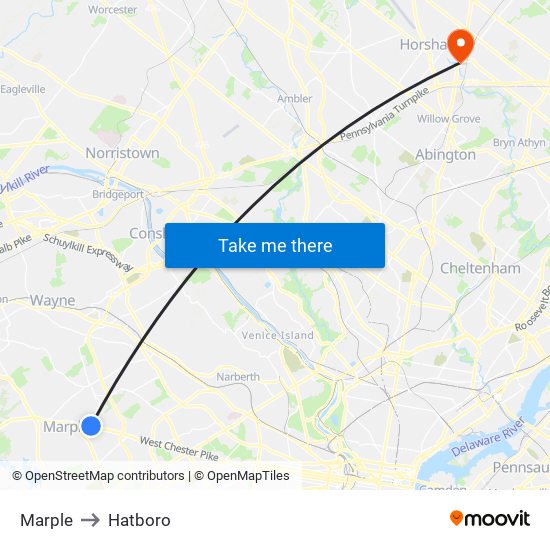 Marple to Hatboro map