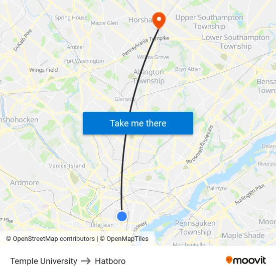 Temple University to Hatboro map