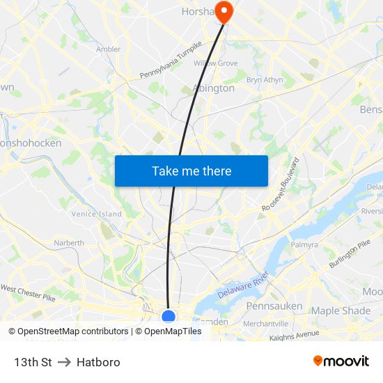 13th St to Hatboro map