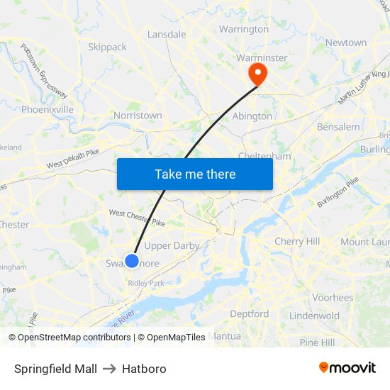 Springfield Mall to Hatboro map