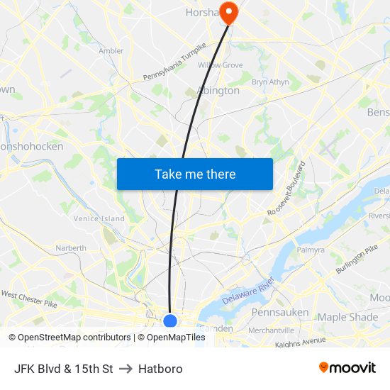 JFK Blvd & 15th St to Hatboro map
