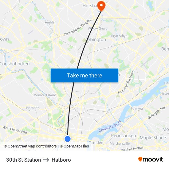 30th St Station to Hatboro map