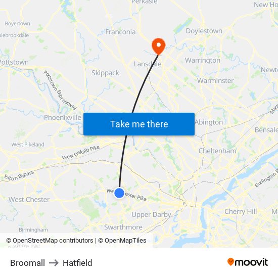 Broomall to Hatfield map