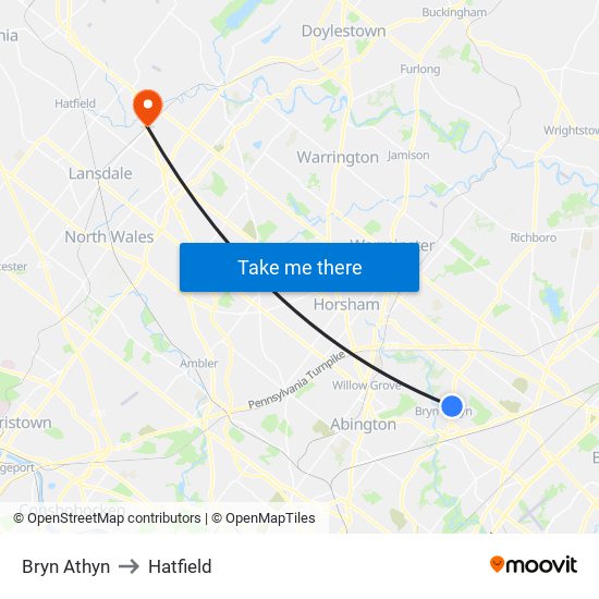 Bryn Athyn to Hatfield map