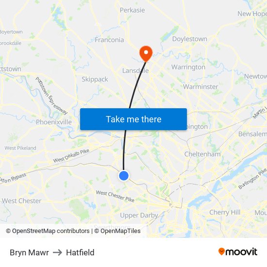 Bryn Mawr to Hatfield map