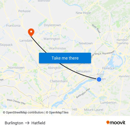 Burlington to Hatfield map
