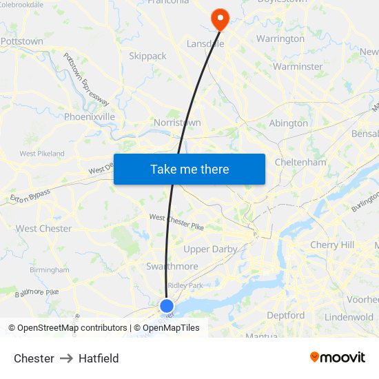 Chester to Hatfield map