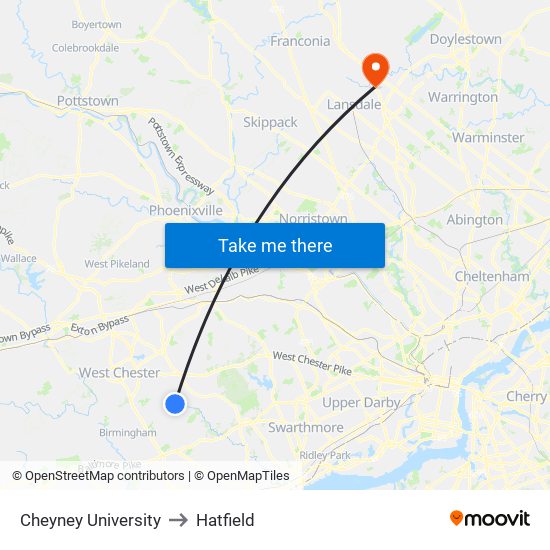Cheyney University to Hatfield map