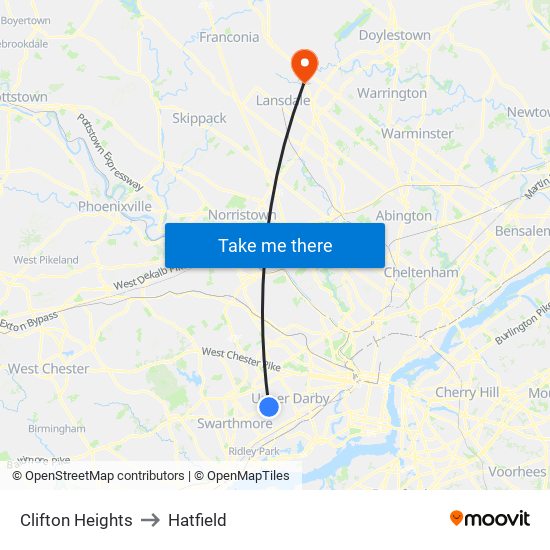 Clifton Heights to Hatfield map