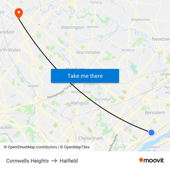 Cornwells Heights to Hatfield map