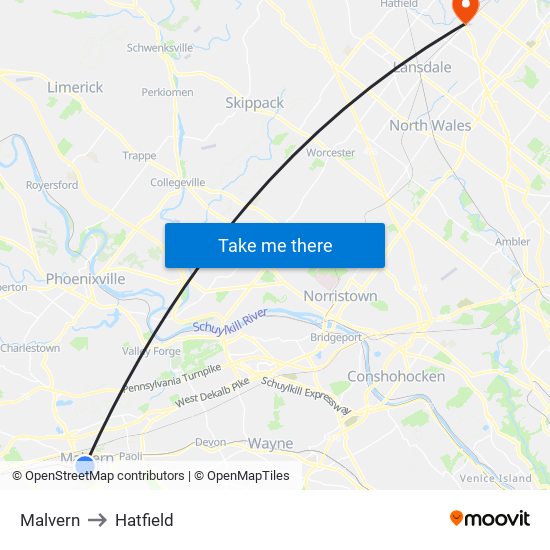 Malvern to Hatfield map