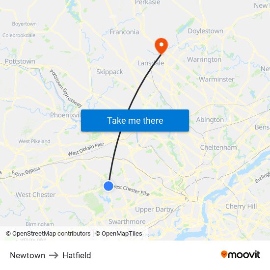 Newtown to Hatfield map