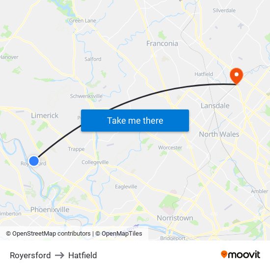 Royersford to Hatfield map