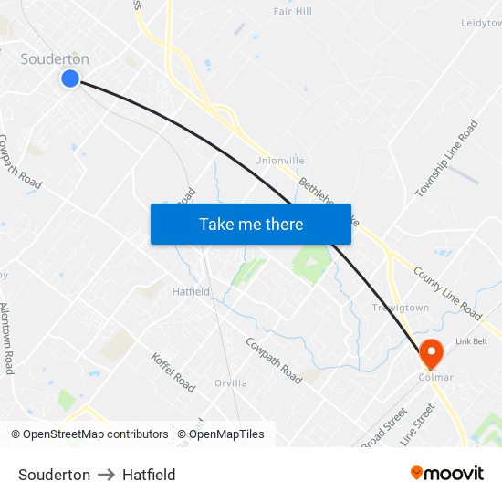 Souderton to Hatfield map