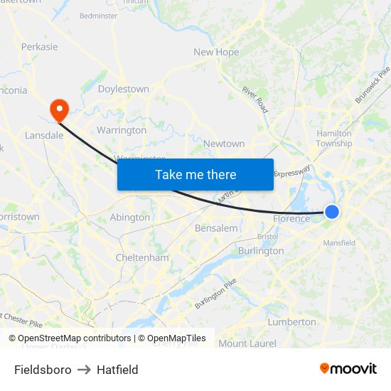 Fieldsboro to Hatfield map