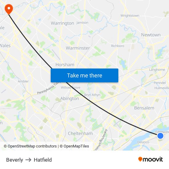 Beverly to Hatfield map
