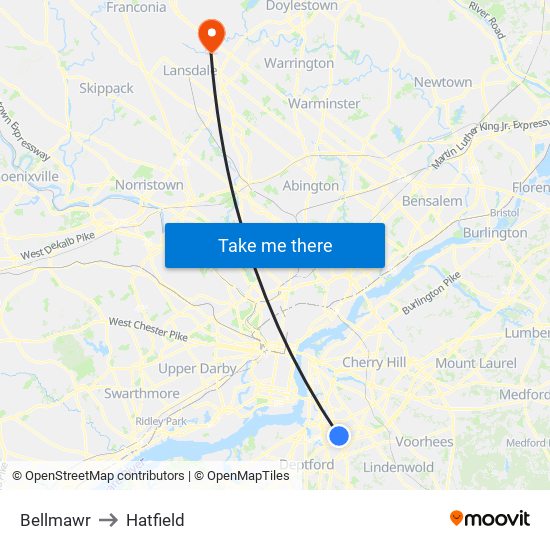 Bellmawr to Hatfield map