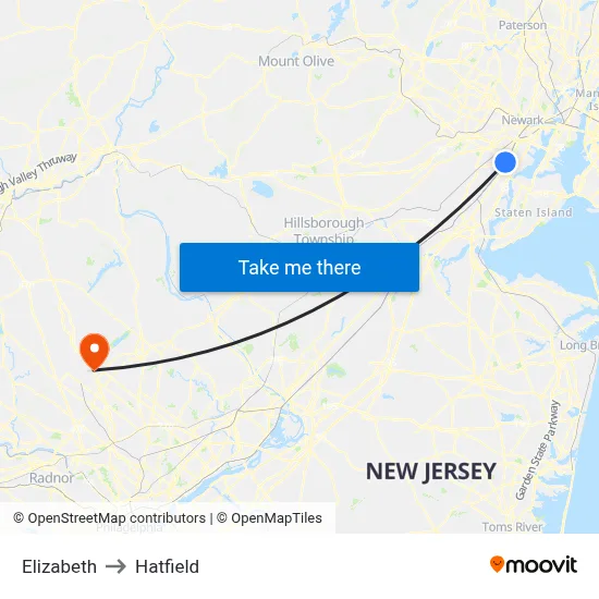 Elizabeth to Hatfield map
