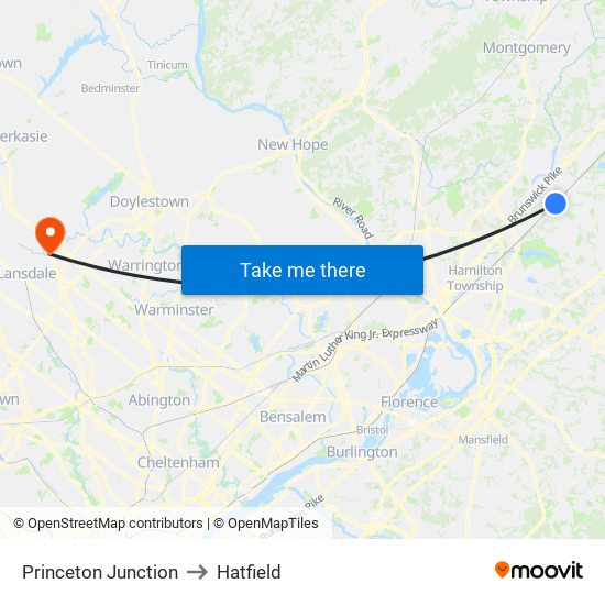 Princeton Junction to Hatfield map