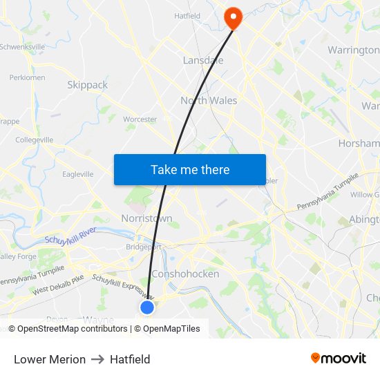 Lower Merion to Hatfield map