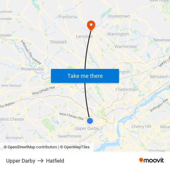 Upper Darby to Hatfield map