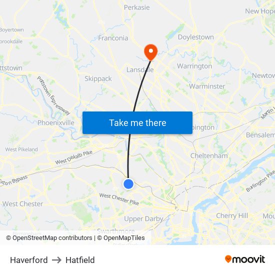 Haverford to Hatfield map